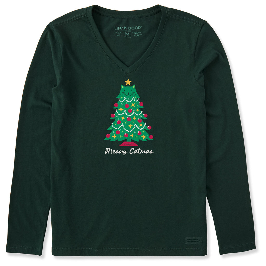 Women's Meowy Catmas Cat Tree Long Sleeve Crusher Vee product image 1