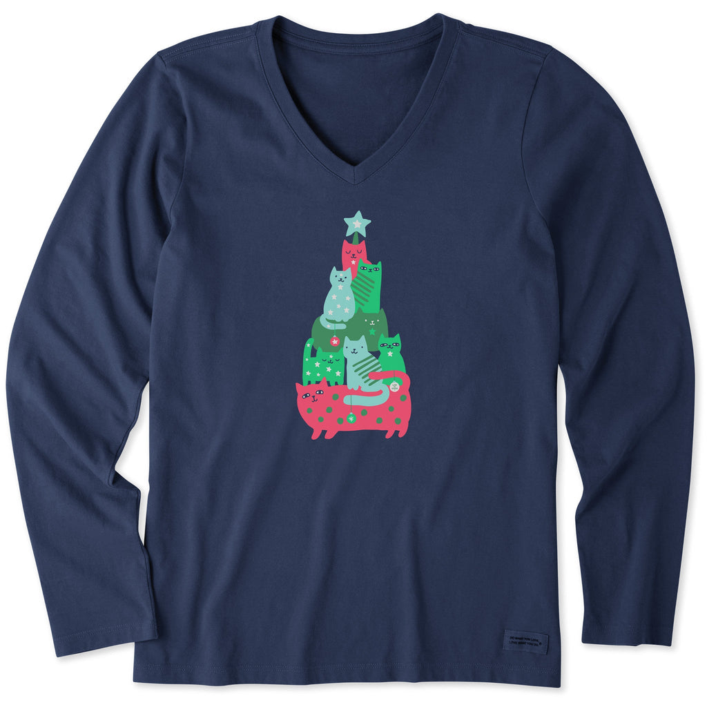 Women's Cat Pile Christmas Tree Long Sleeve Crusher Vee product image 1